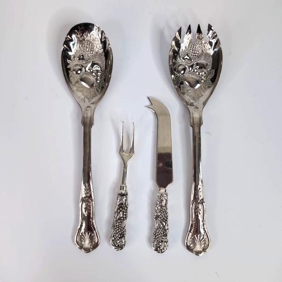 Vintage Italy Silver Plated Floral Embossed Salad Serving Spoon Fork Set x4